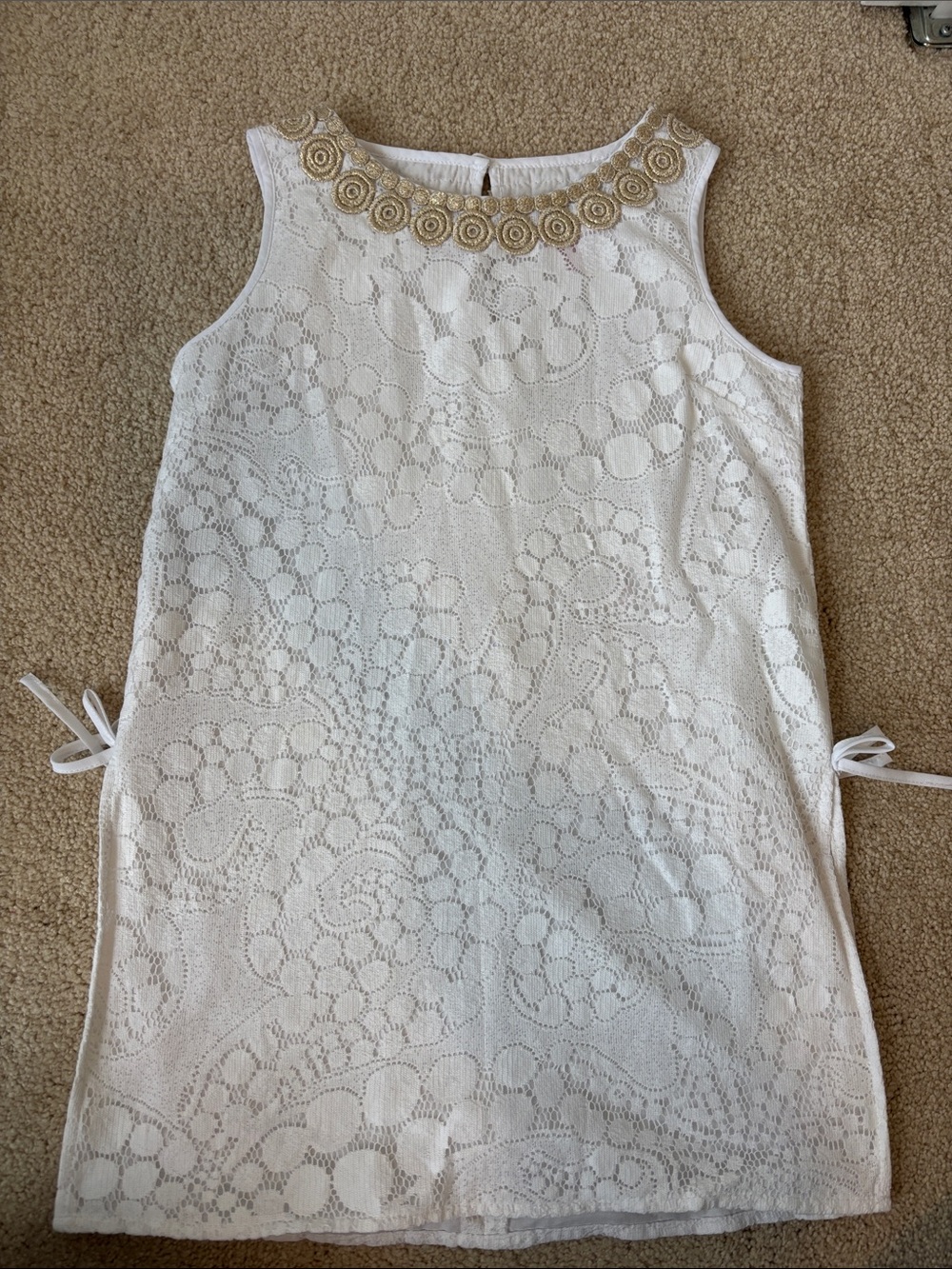 Girls White Lace Shift Dress with Gold Embellished Neckline